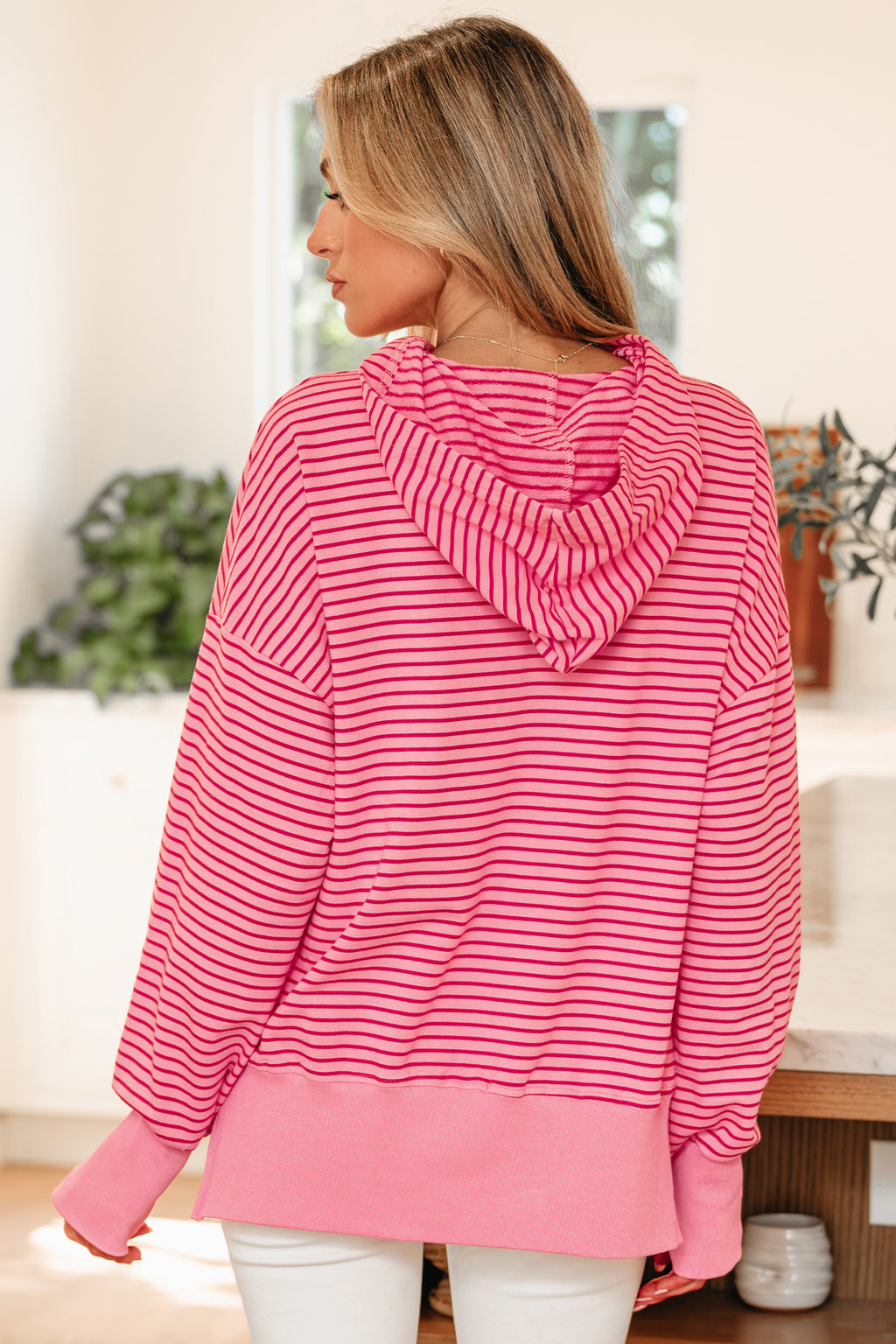 Rose Stripe Thumbhole Side Slits Drop Shoulder Loose Fit Hoodie