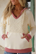 White Contrast Trim Crochet Knit Patchwork Exposed Seam Hoodie