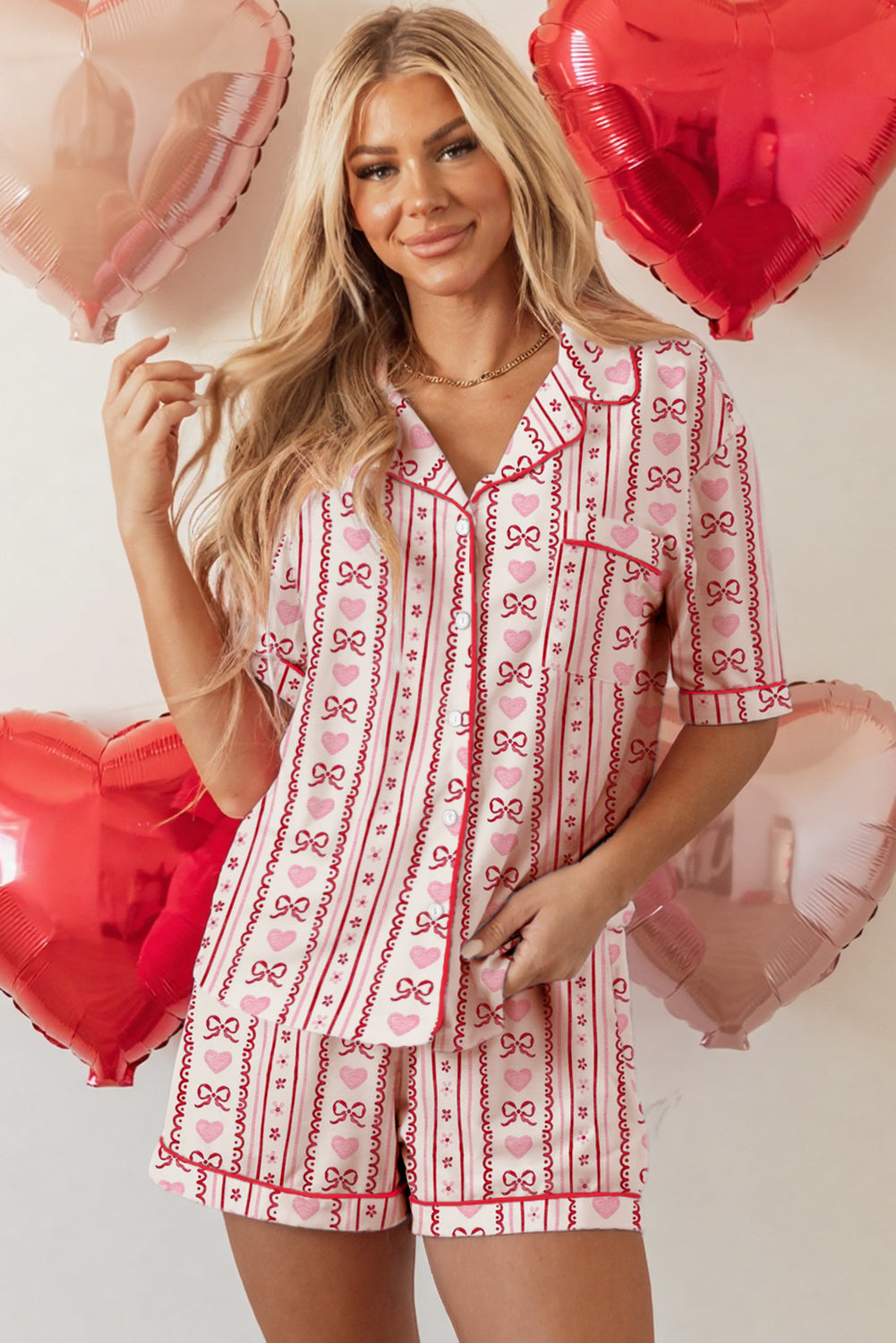 Valentine Bow Heart Print & Ribbon Pajama Set