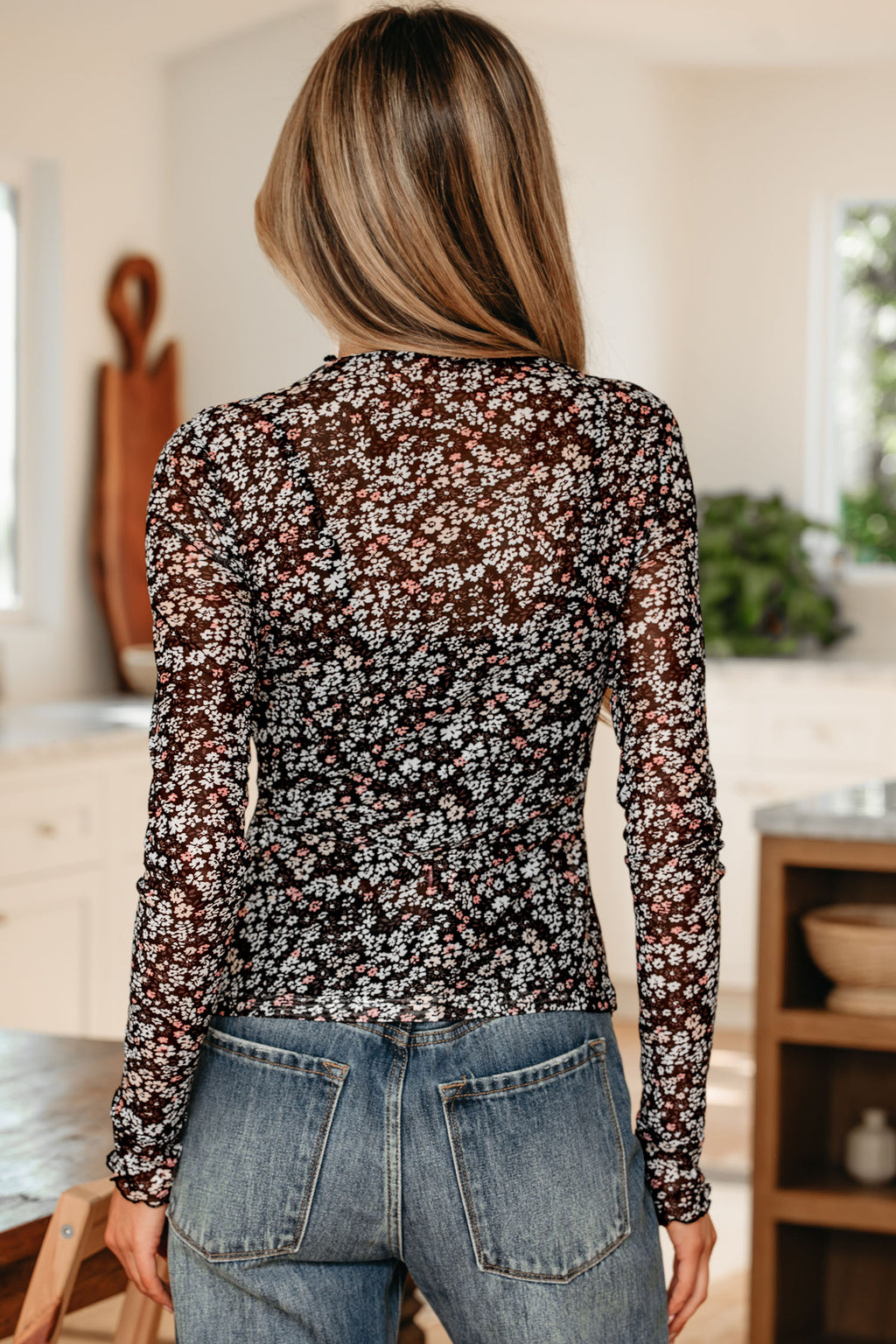 Black Ditsy Floral Mesh Thumbhole Sleeve Top