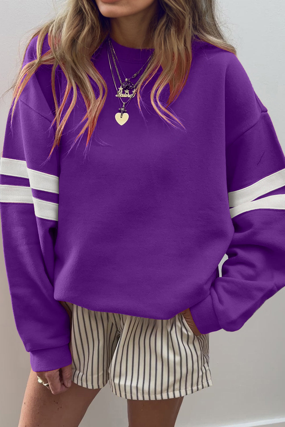 Purple Varsity Striped Detail Drop Shoulder Oversized Sweatshirt