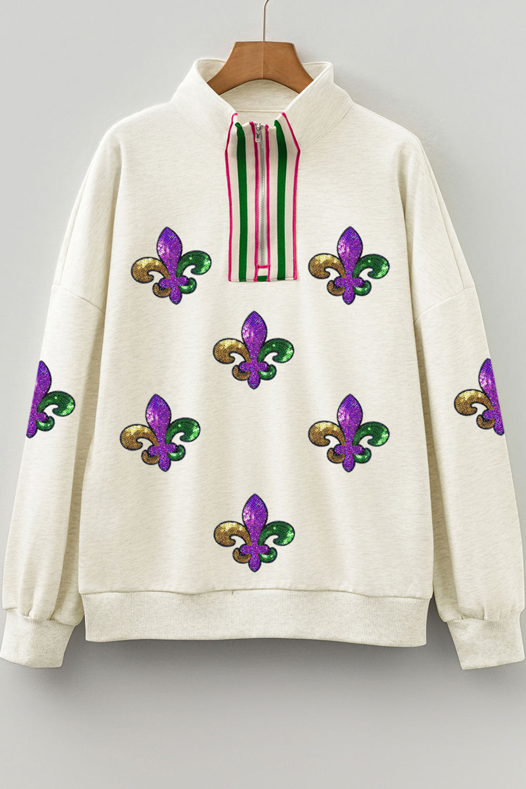 Light Grey Mardi Gras Sequined Pattern Contrast Zipped Collar Pullover Sweatshirt