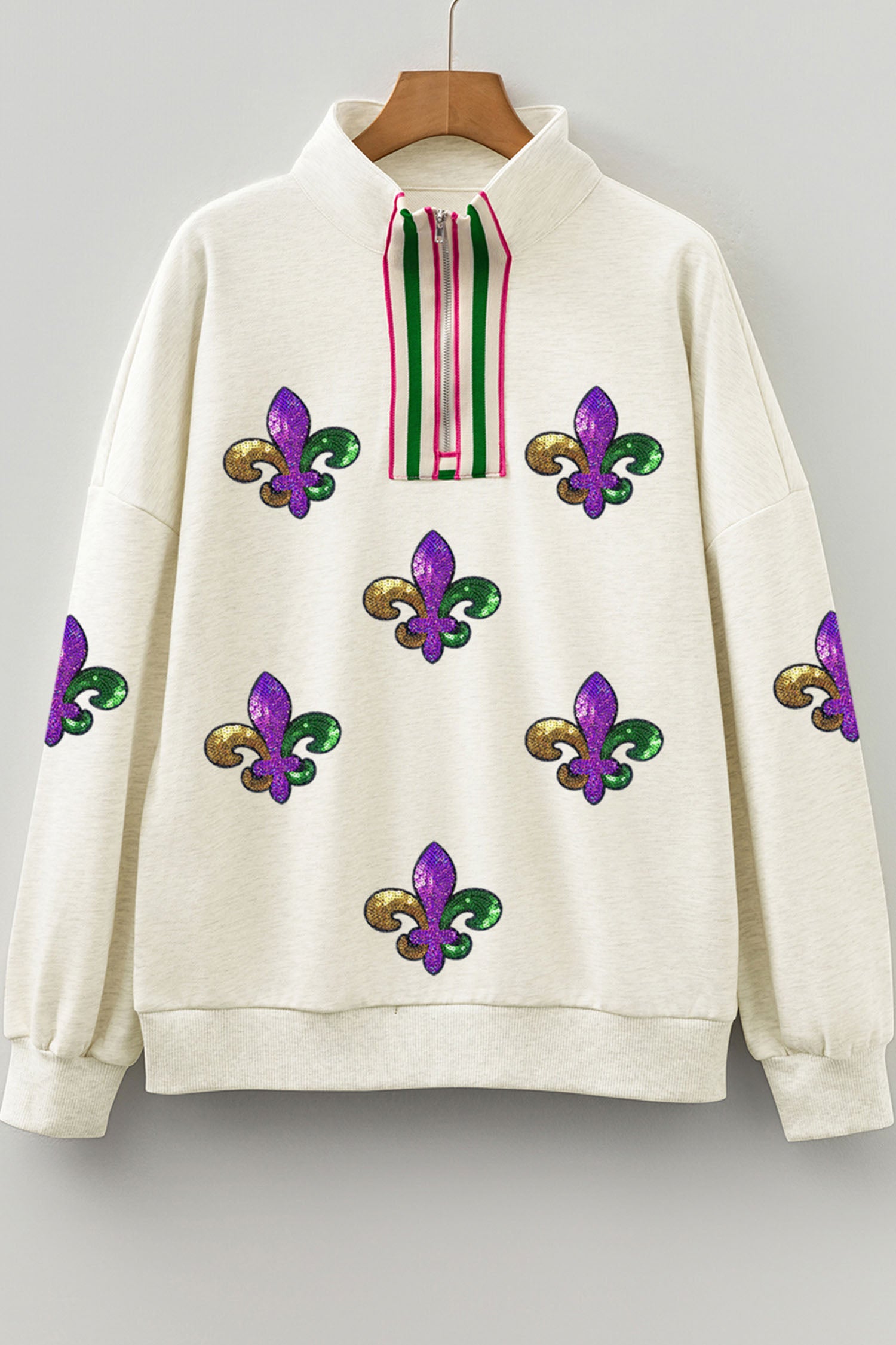 Light Grey Mardi Gras Sequined Pattern Contrast Zipped Collar Pullover Sweatshirt