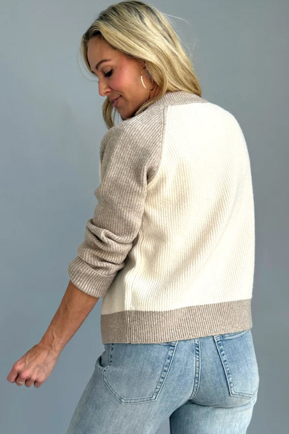 White Colorblock Button Front Ribbed Cardigan