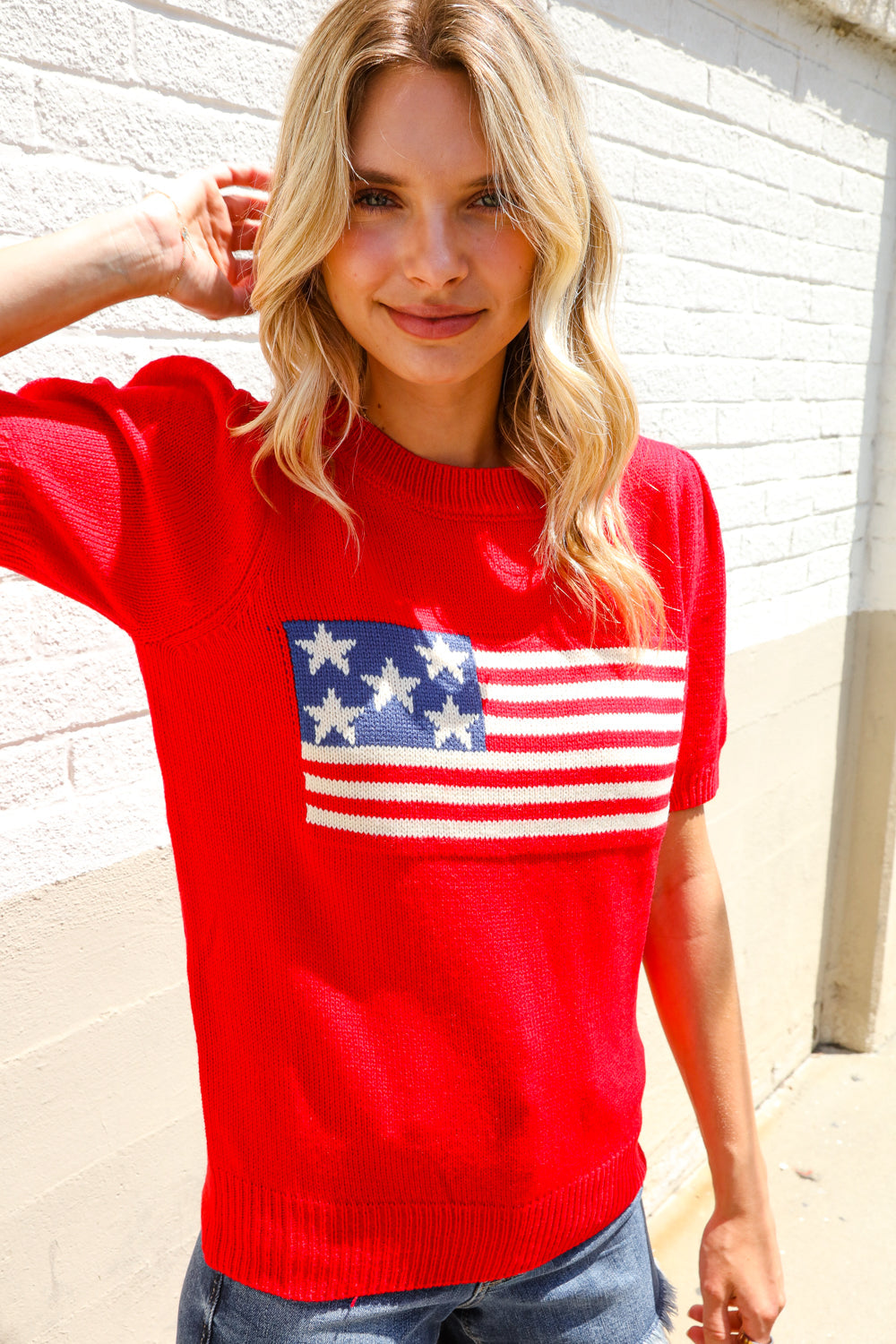 American Flag Bubble Short Sleeve Jacquard Sweater Knit Pullover