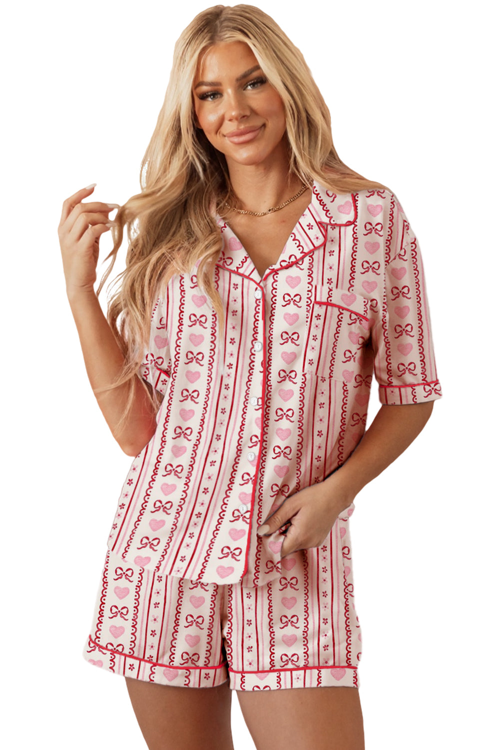 Valentine Bow Heart Print & Ribbon Pajama Set