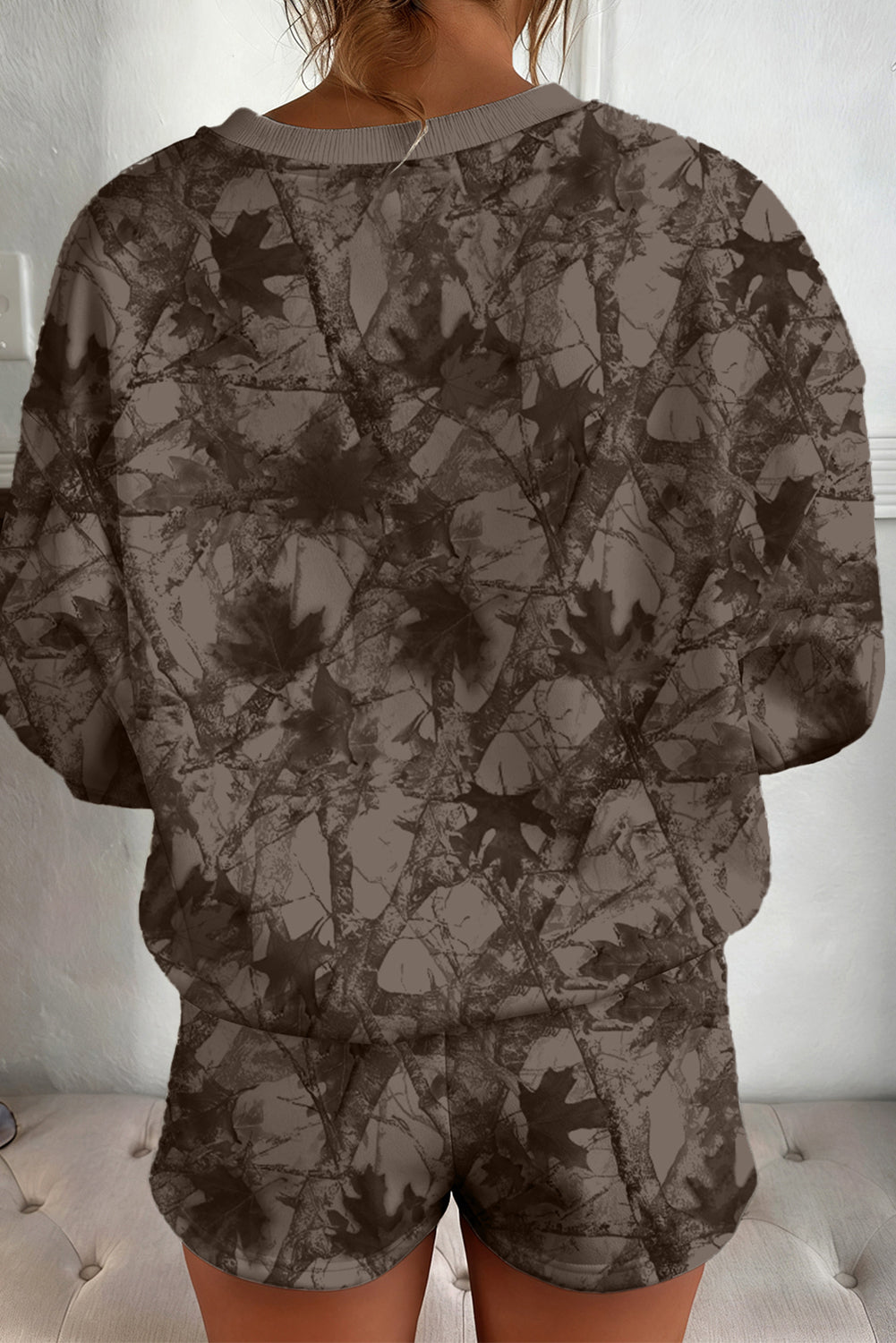 Brown Camouflage Print Round Neck Shorts Set