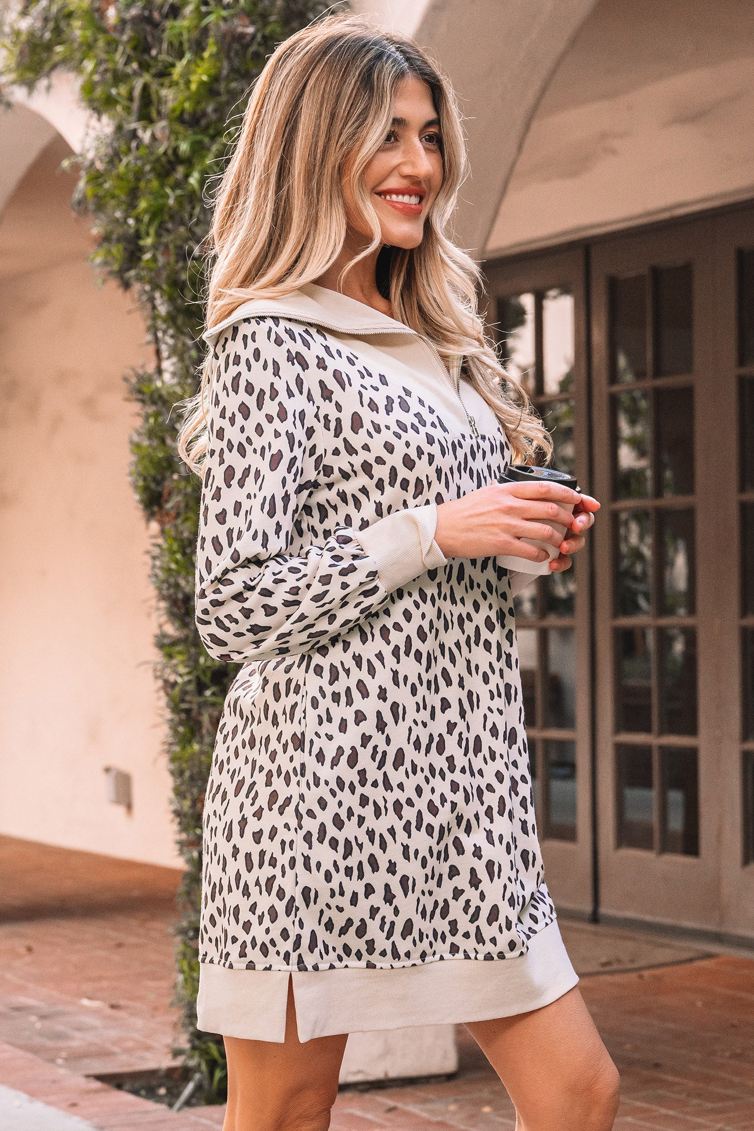 Khaki Leopard Print Zip Collar Shift Mini Dress