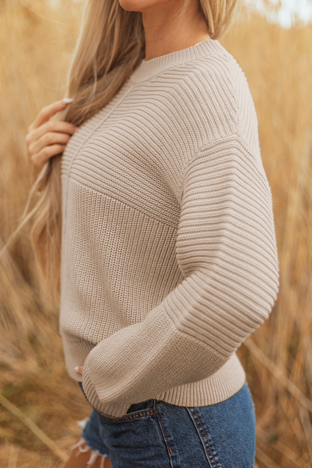 Beige Mixed Texture Patchwork Knitted Puff Sleeve Sweater