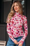 Red Floral Print Long Sleeve Slim Fit Mesh Top