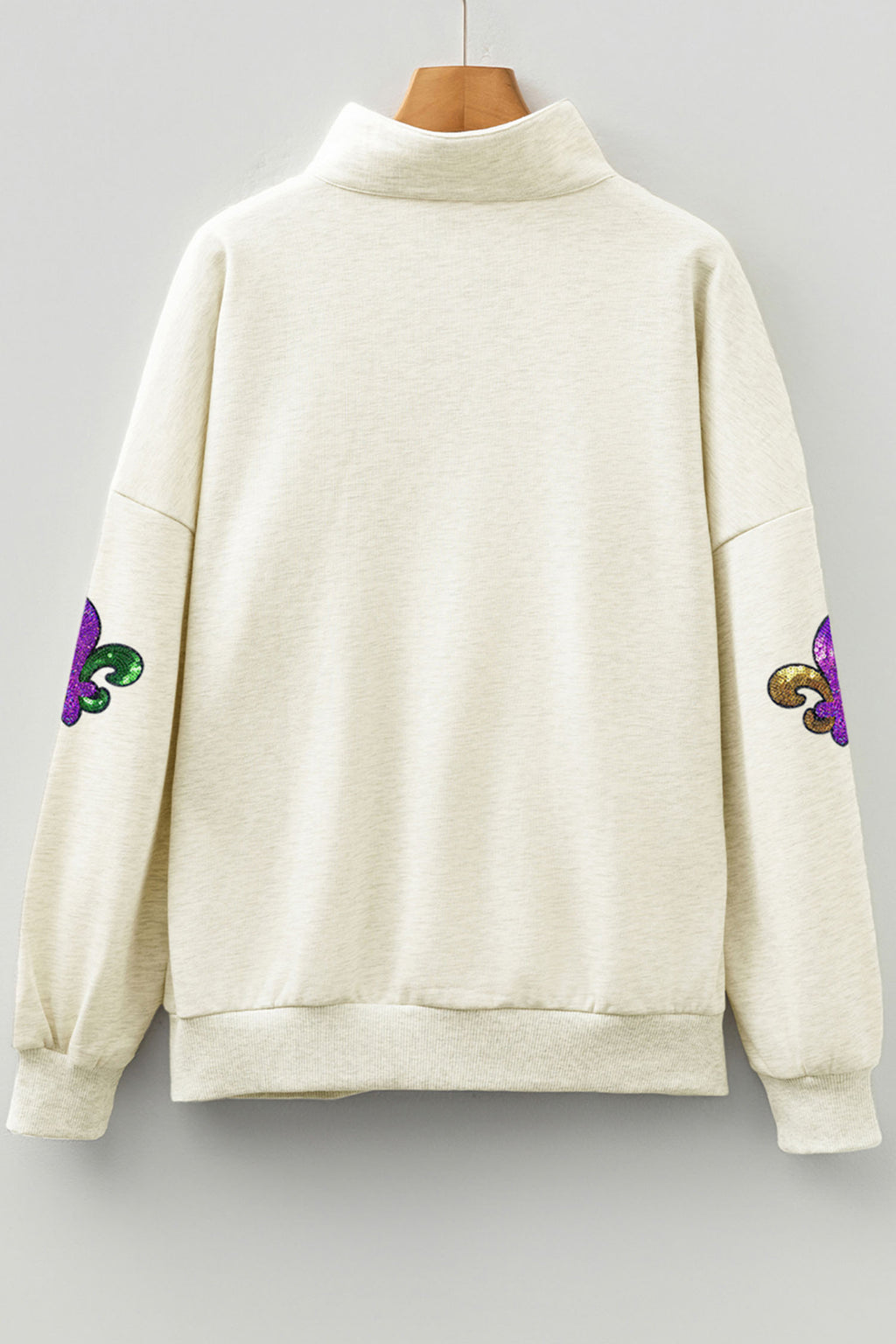 Light Grey Mardi Gras Sequined Pattern Contrast Zipped Collar Pullover Sweatshirt