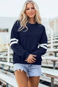 Navy Blue Varsity Striped Detail Drop Shoulder Oversized Sweatshirt