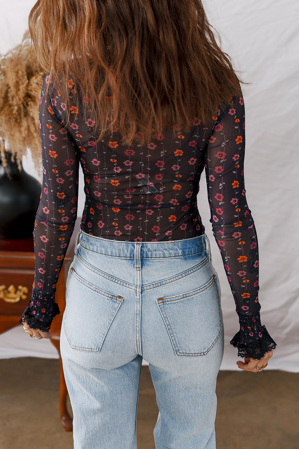 Dear Lover Black Floral Print Smocked Cuff Slim Fit Mesh Bodysuit