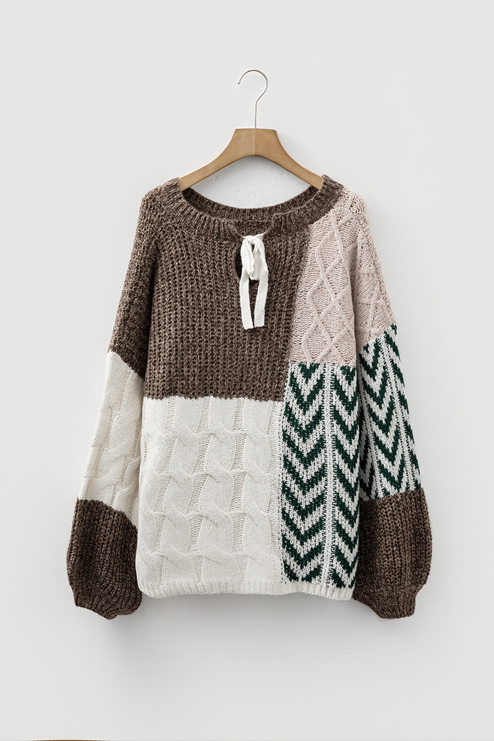 Brown Color Block Patchwork Tie Back Loose Fit Sweater