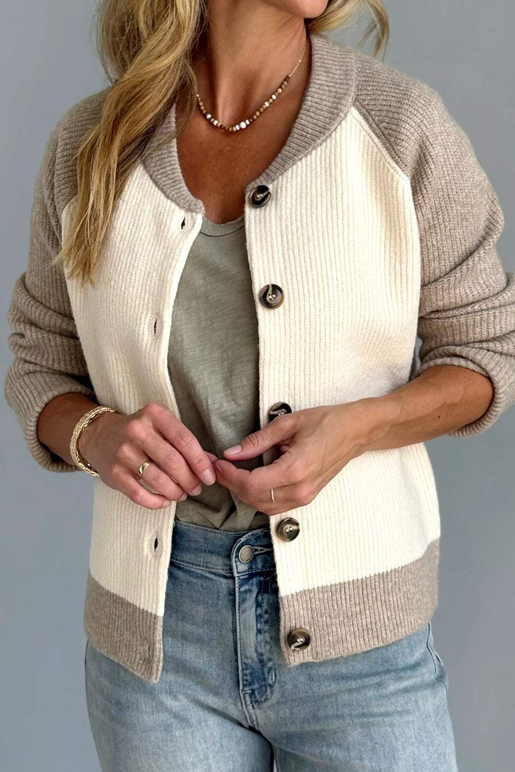 White Colorblock Button Front Ribbed Cardigan
