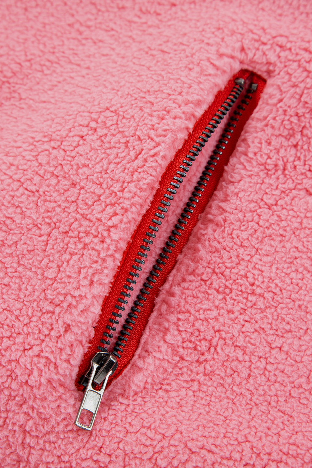 Strawberry Pink Sherpa Contrast Faux Leather Trim Half Zip Pocketed Pullover Sweatshirt