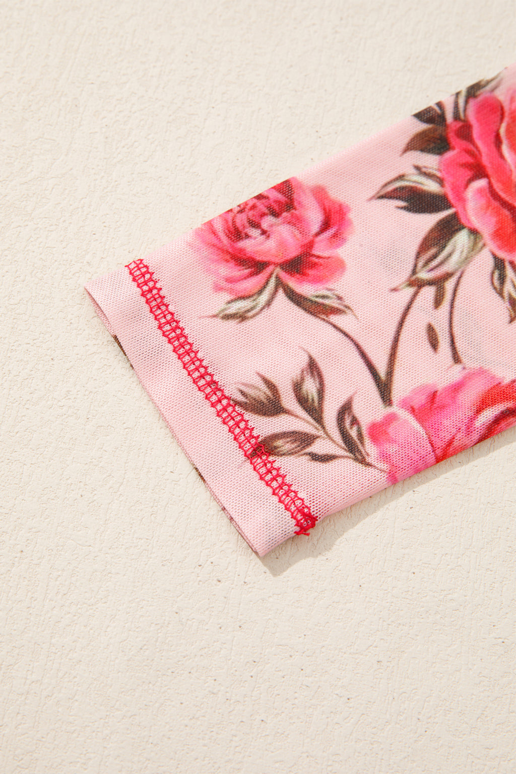 Pink Floral Print Exposed Seam Detail Mesh Long Sleeve Top