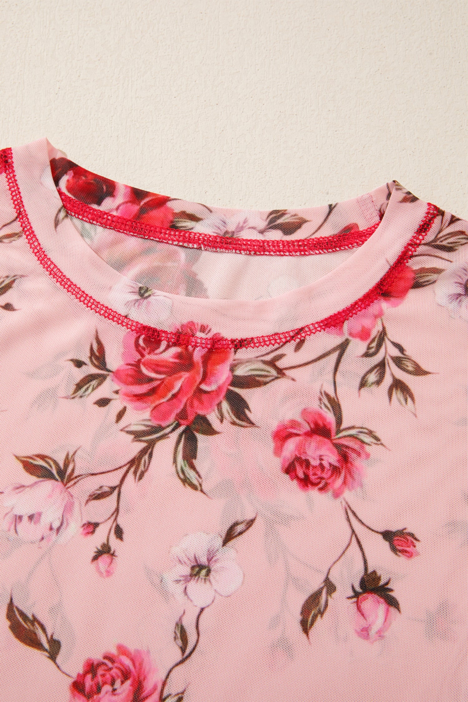 Pink Floral Print Exposed Seam Detail Mesh Long Sleeve Top