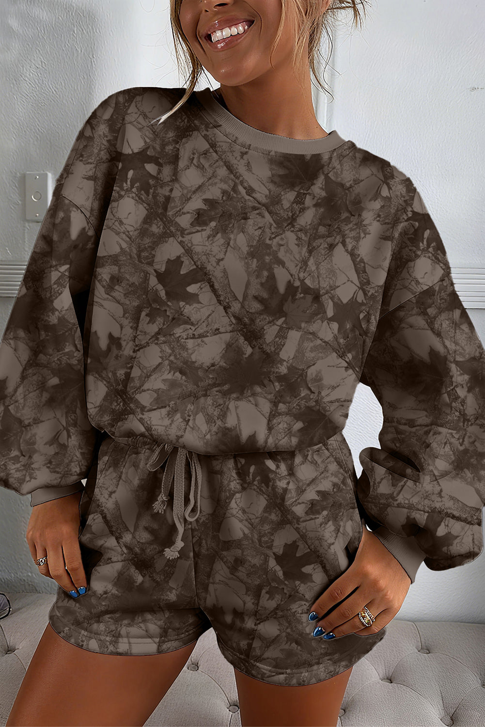 Brown Camouflage Print Round Neck Shorts Set