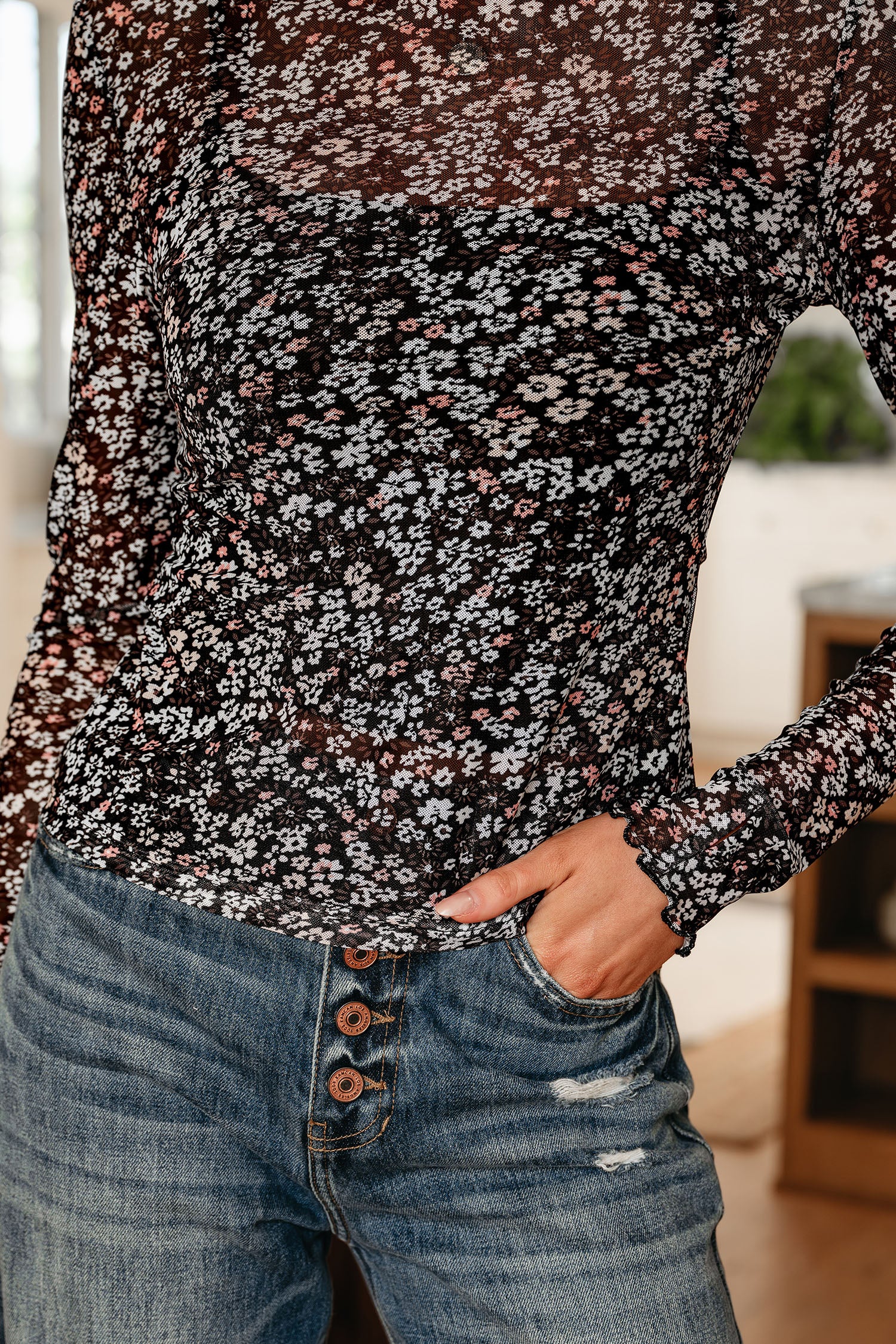Black Ditsy Floral Mesh Thumbhole Sleeve Top