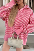 Rose Stripe Thumbhole Side Slits Drop Shoulder Loose Fit Hoodie