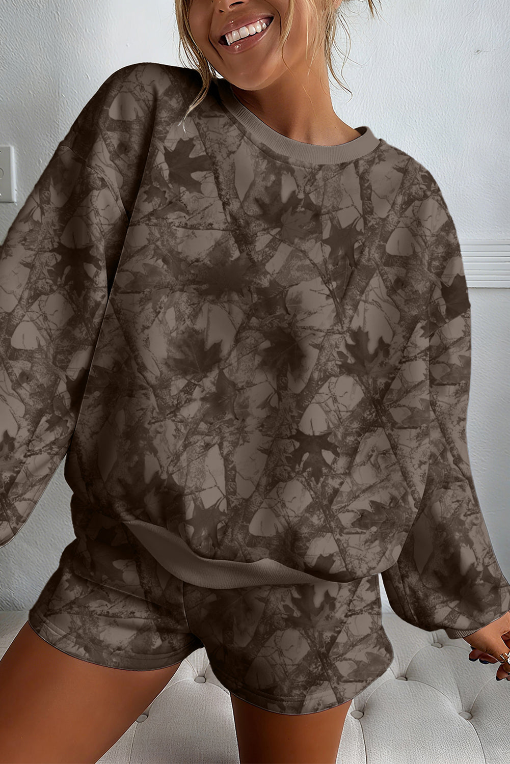 Brown Camouflage Print Round Neck Shorts Set