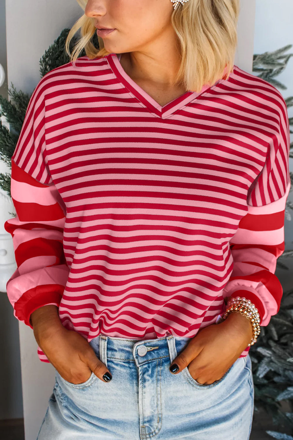 Strawberry Pink Mix Striped Drop Shoulder Patchwork Sleeve V Neck Pullover