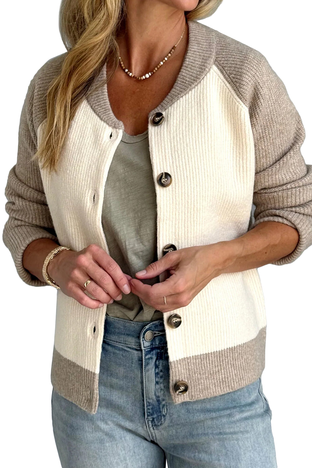 White Colorblock Button Front Ribbed Cardigan
