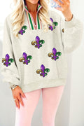 Light Grey Mardi Gras Sequined Pattern Contrast Zipped Collar Pullover Sweatshirt