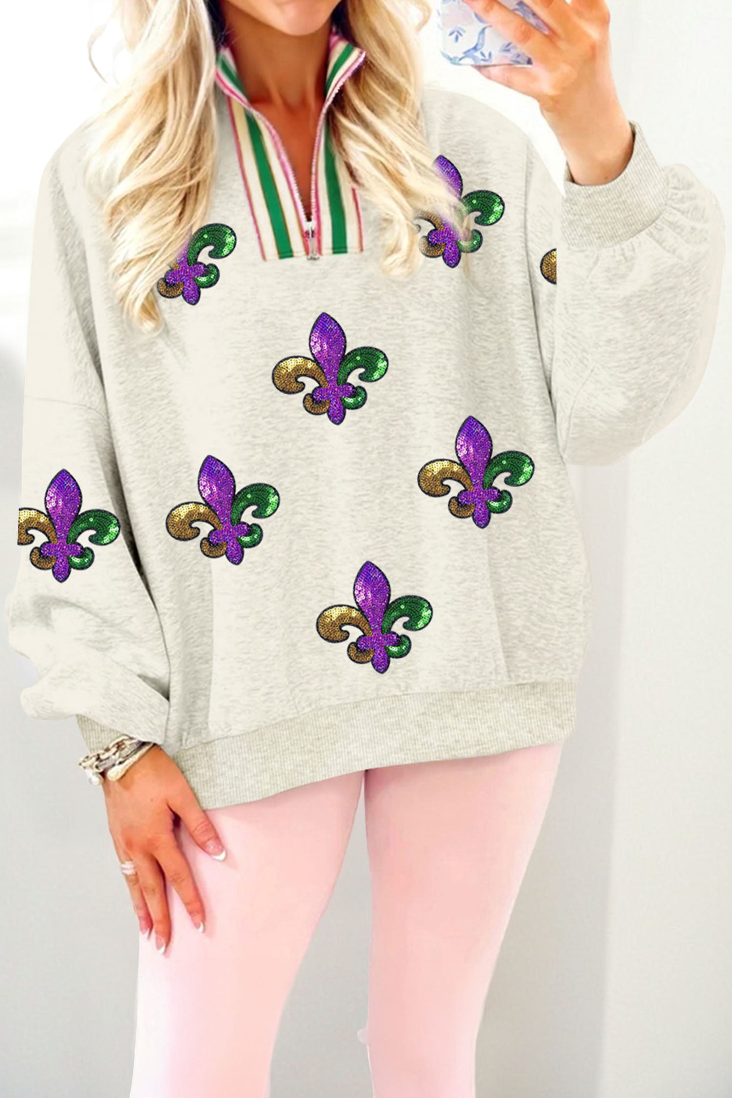 Light Grey Mardi Gras Sequined Pattern Contrast Zipped Collar Pullover Sweatshirt