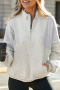 Gray Half Zip Stand Collar Exposed Seam Solid Color Casual Sweatshirt