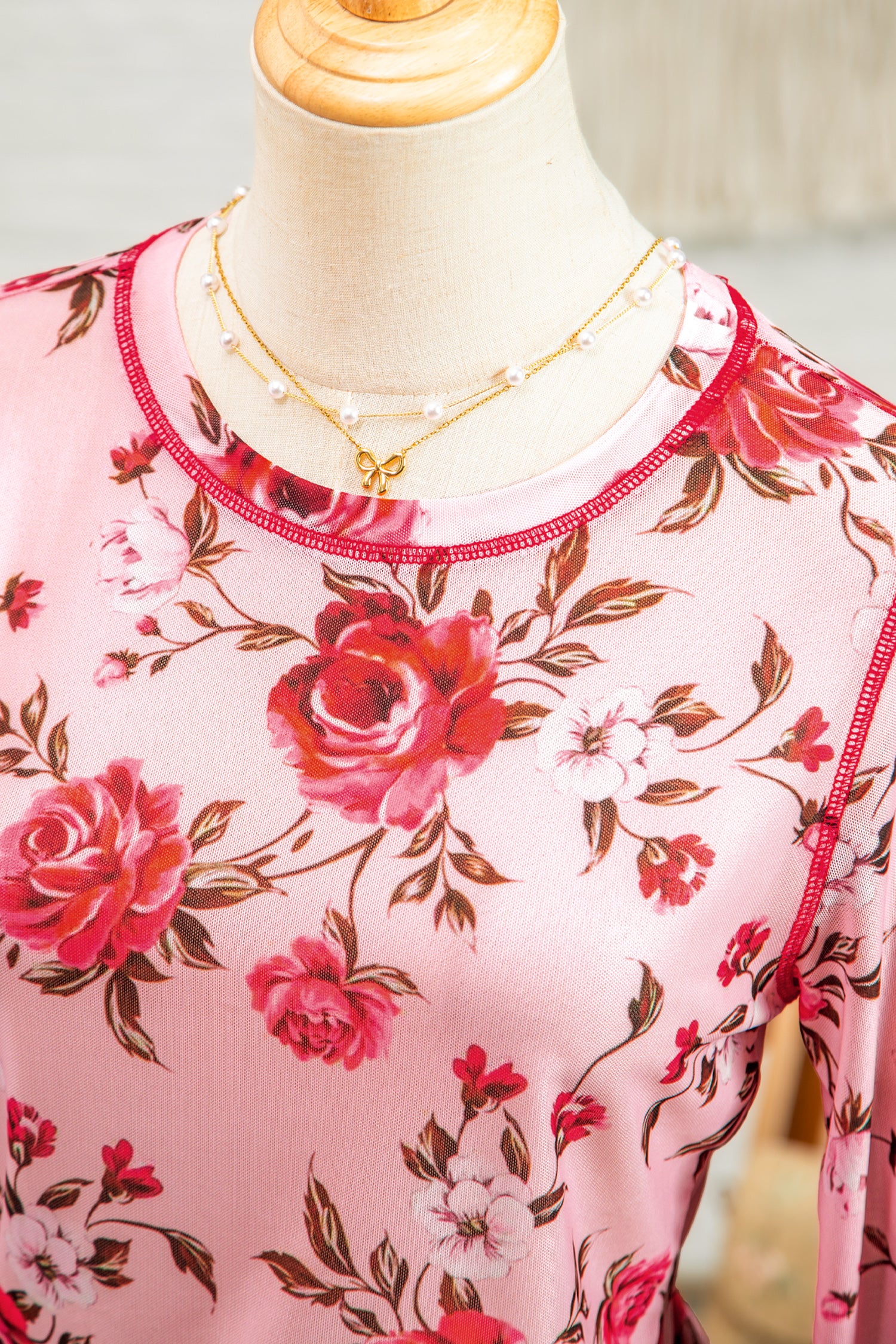 Pink Floral Print Exposed Seam Detail Mesh Long Sleeve Top