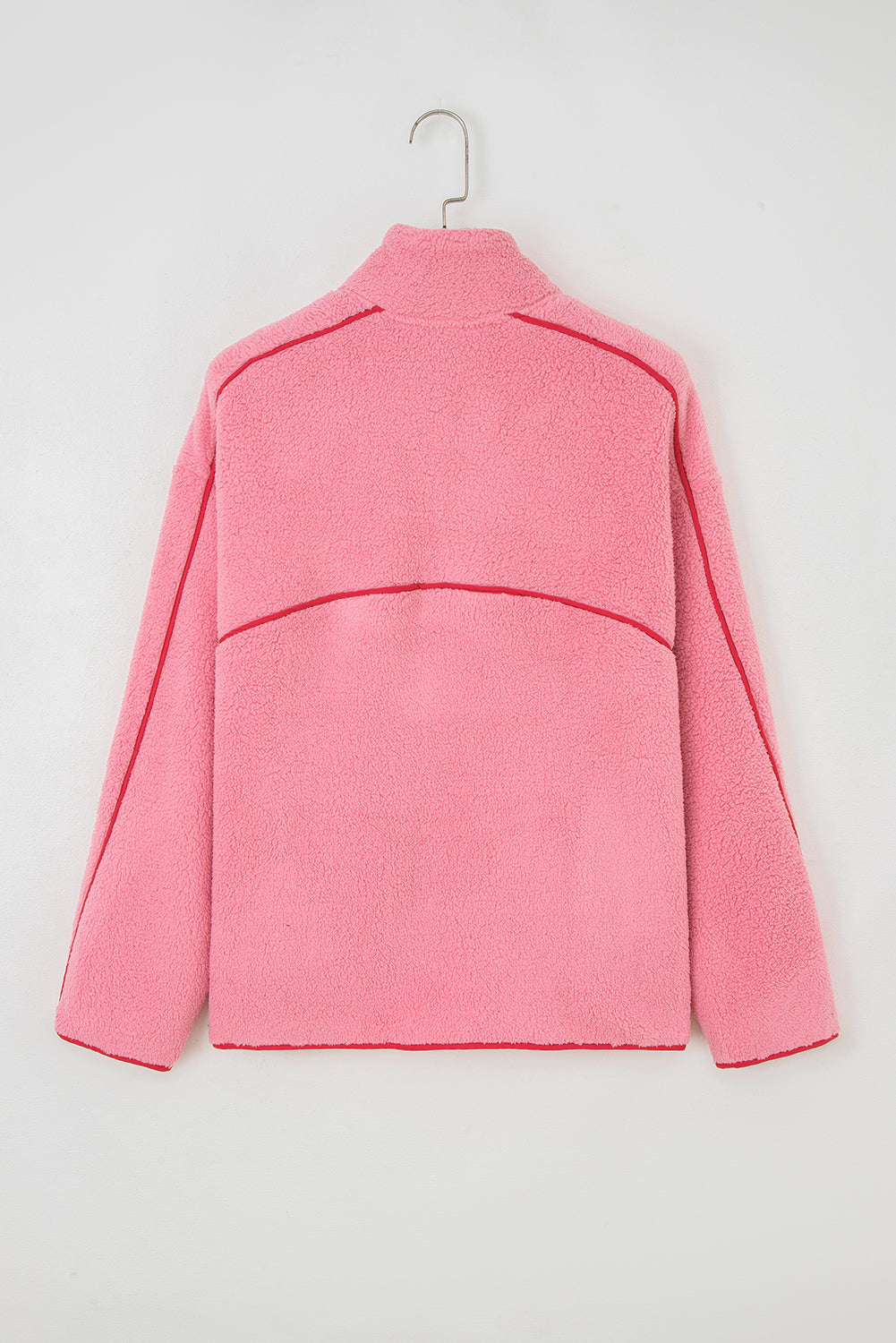 Strawberry Pink Sherpa Contrast Faux Leather Trim Half Zip Pocketed Pullover Sweatshirt