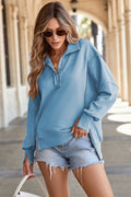 Light Blue Buttoned Collared Raw Detail High Low Baggy Sweatshirt with Slits