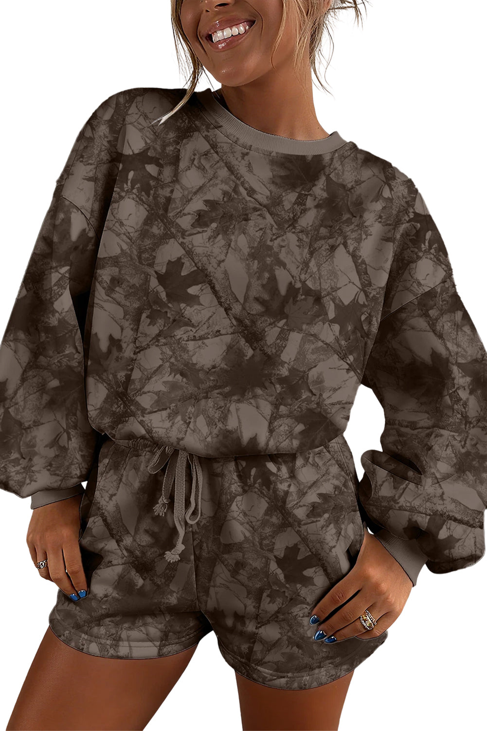 Brown Camouflage Print Round Neck Shorts Set