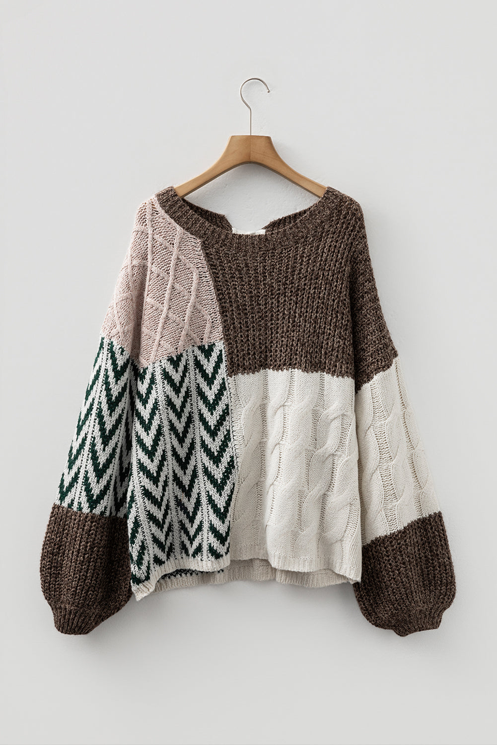 Brown Color Block Patchwork Tie Back Loose Fit Sweater
