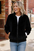 Black Cat Zip Up Faux Fur Coat