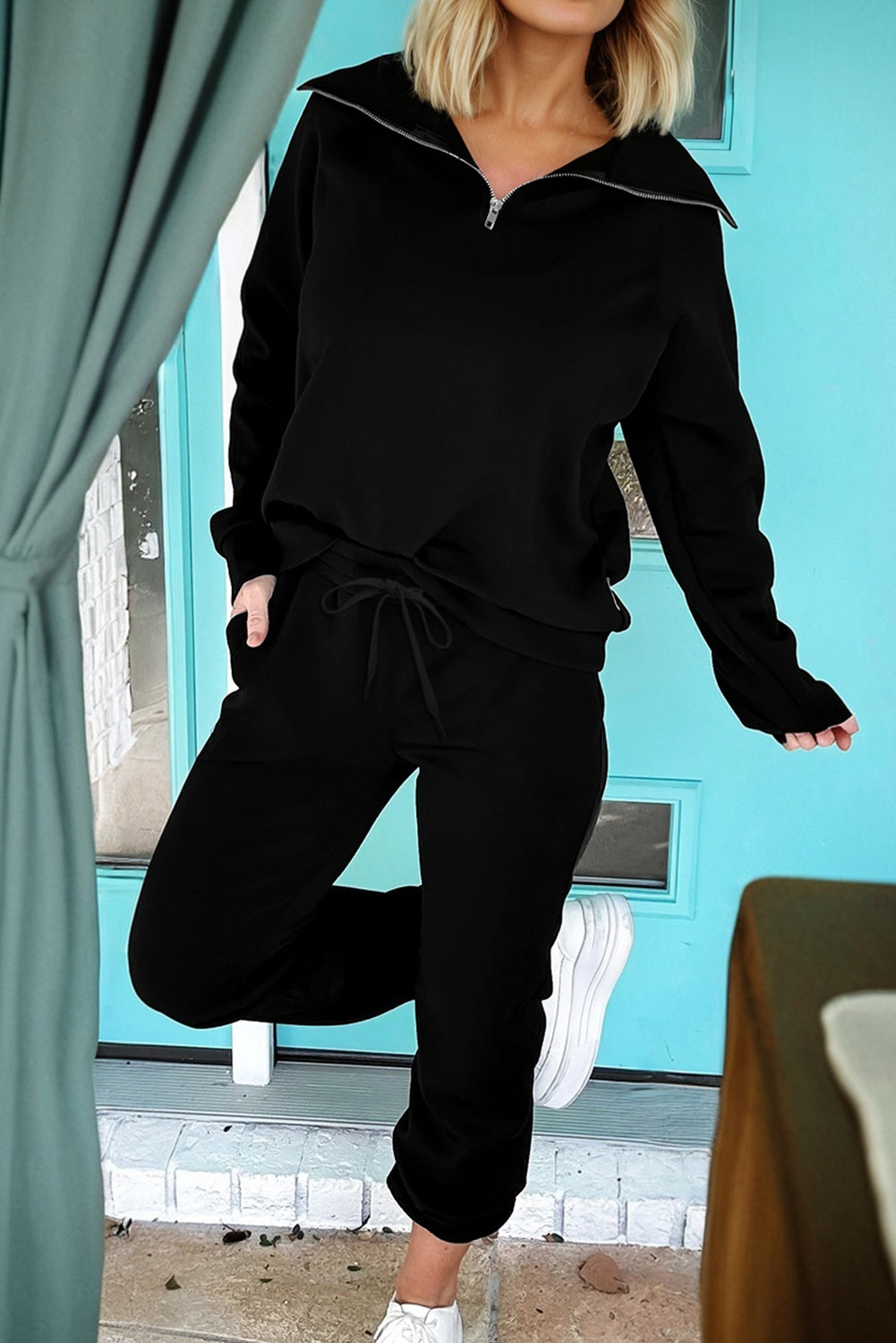 Black Zip Up Long Sleeve Top & Drawstring Pants Set