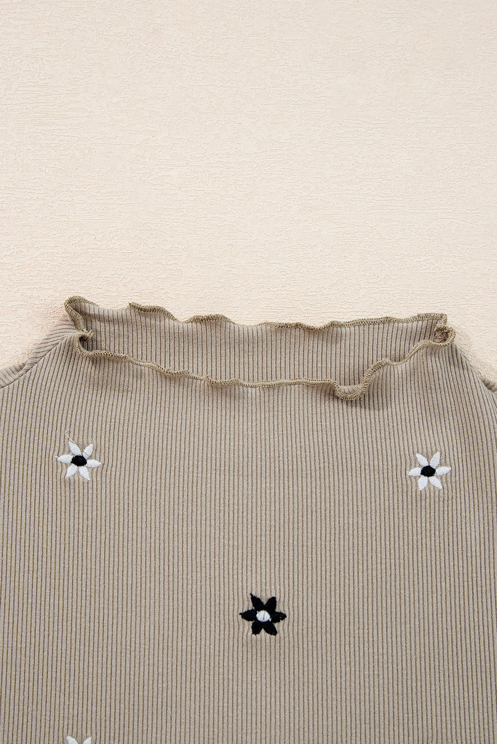 Jet Stream Floral Embroidered Detail Ribbed Long Sleeve Top